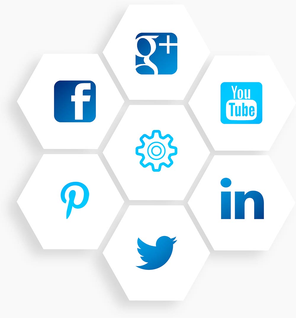 Digital Marketing Social Media Icons on hexagon background